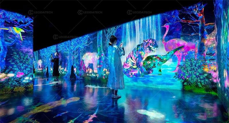 Visitors in front of colorful immersive LED wall