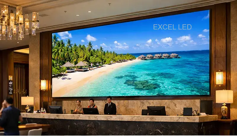 Gran pantalla de vídeo LED instalada en el vestíbulo de un hotel.