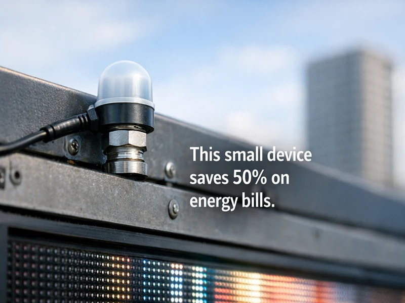Automatic light sensor probe installed on an outdoor LED display cabinet.