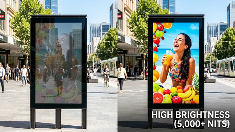 High brightness outdoor LED screen vs low brightness display under direct sunlight.