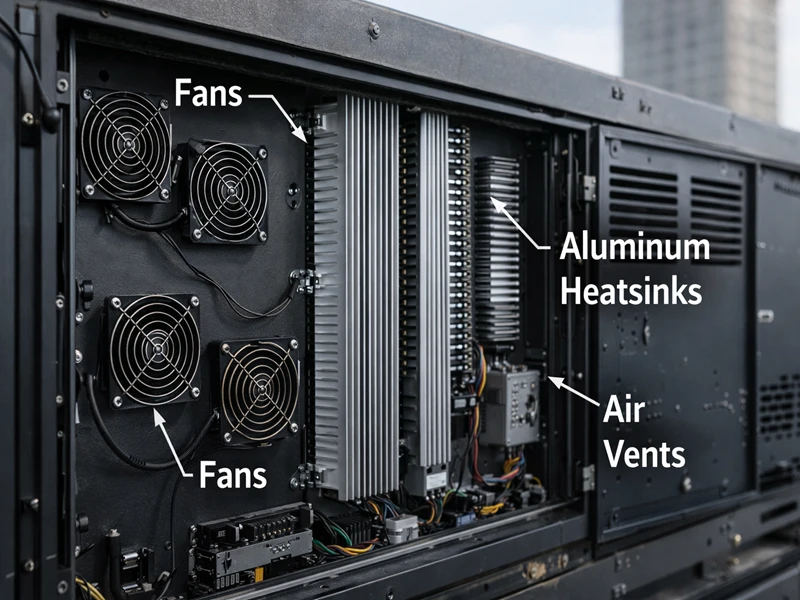 Internal cooling system and heat dissipation fans of an outdoor LED screen cabinet.