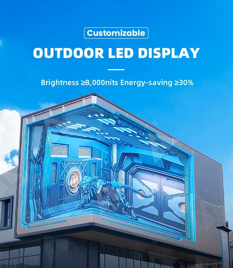 Large-format outdoor LED display billboard installed on a building facade showing full-color advertising content in daylight