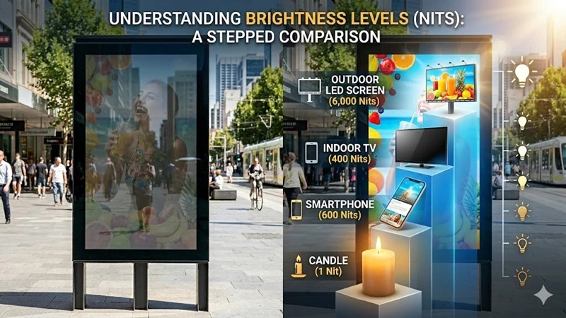 Nits brightness comparison chart for indoor TV, smartphone, and outdoor LED display.