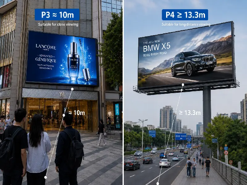 Confronto della distanza di visualizzazione dei display LED per esterni P3 e P4.