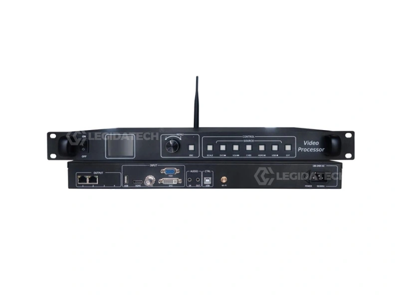 Huidu HD-VP210 3-in-1 LED video processor front panel with LCD screen and control knob for LED display control system