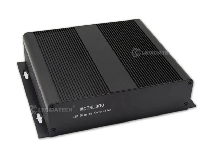 Novastar MCTRL300 rear panel showing DVI input, Ethernet outputs, USB control port, and light sensor connector