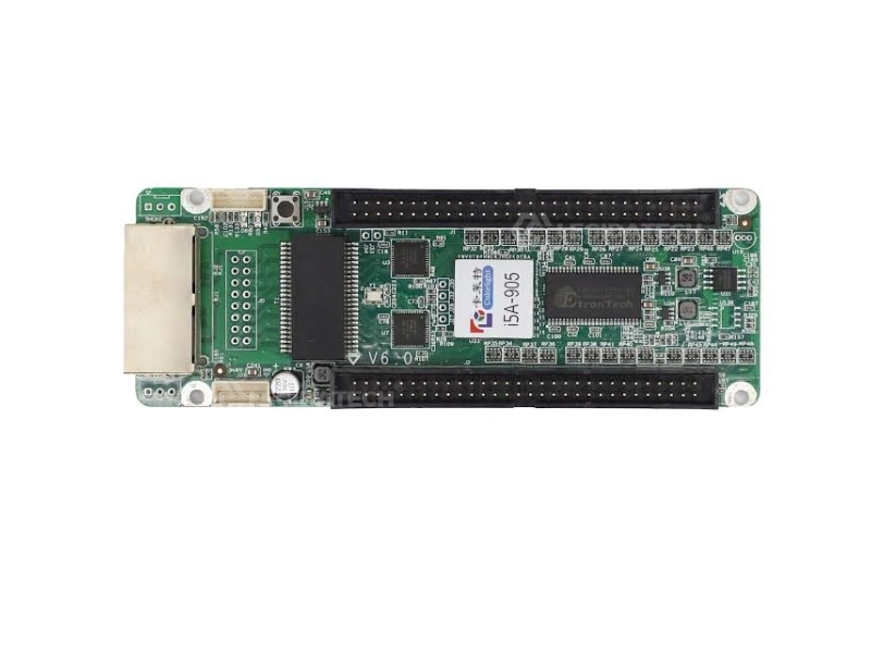 Close-up detail of Colorlight i5A-905 receiving card 60P connector pins and power interface highlighting compact 137x48mm circuit board design