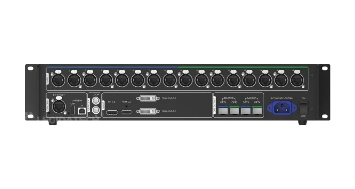 NovaStar MCTRL4K rear panel - 16x Neutrik EtherCON ports, 4x 10G optical fiber, DP, HDMI, DL-DVI inputs
