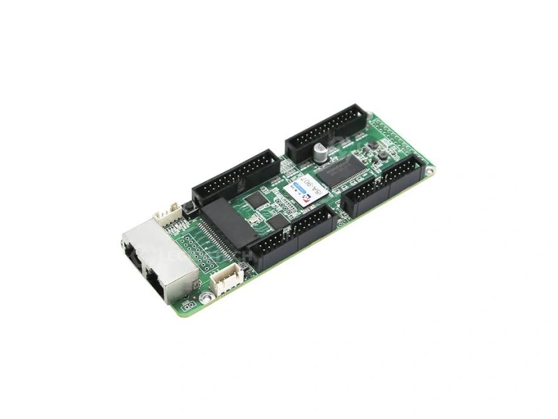 Colorlight i5A-905 receiving card connected with compatible sending device and LED module ribbon cables demonstrating complete LED display control system