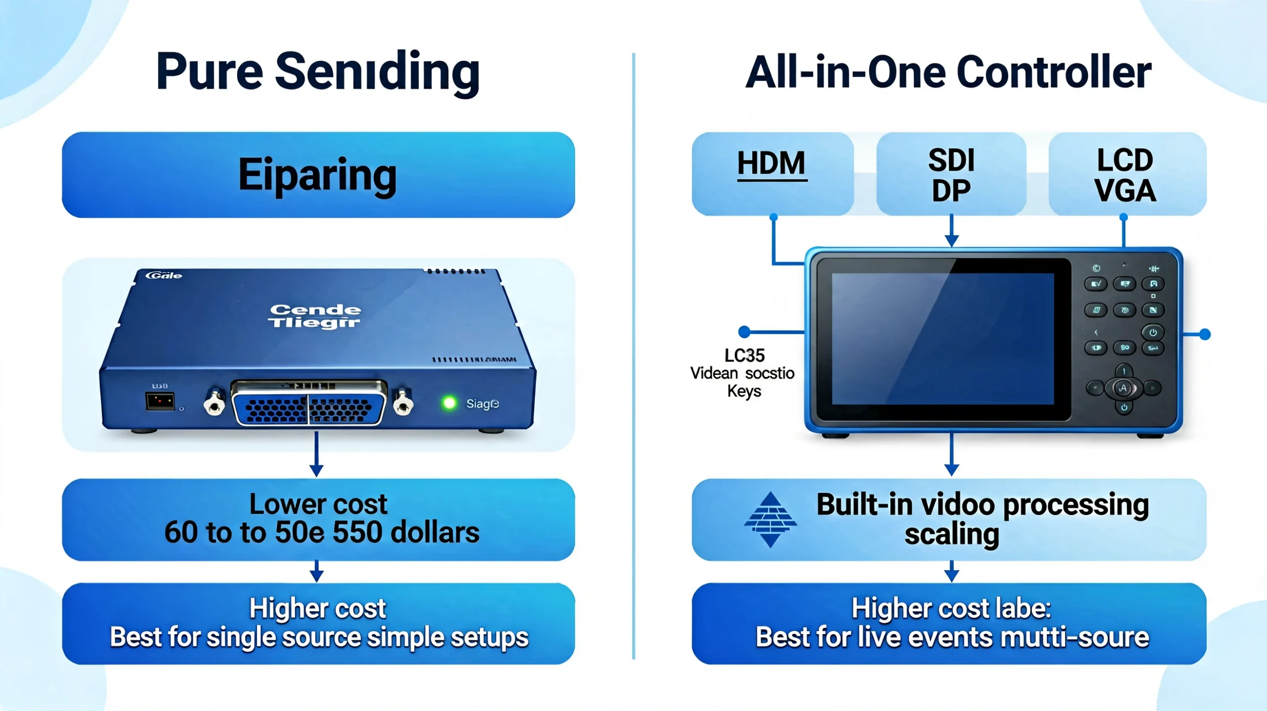 All-in-One controller vs Pure Sending Card comparison: pure sending card needs external processor single input basic indicators; all-in-one integrates processing with multi-input switching and LCD panel