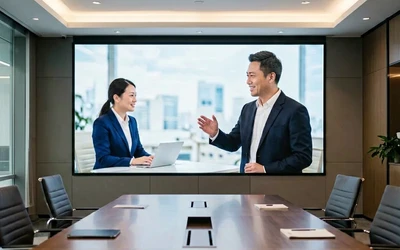 Fine-pitch commercial LED display in corporate lobby controlled by NovaStar VX600