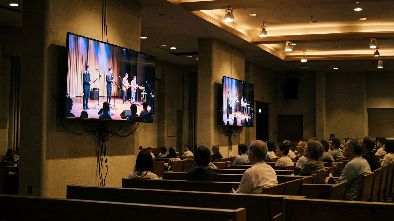Side screen confidence monitor for church — mounted on wall for side-section visibility