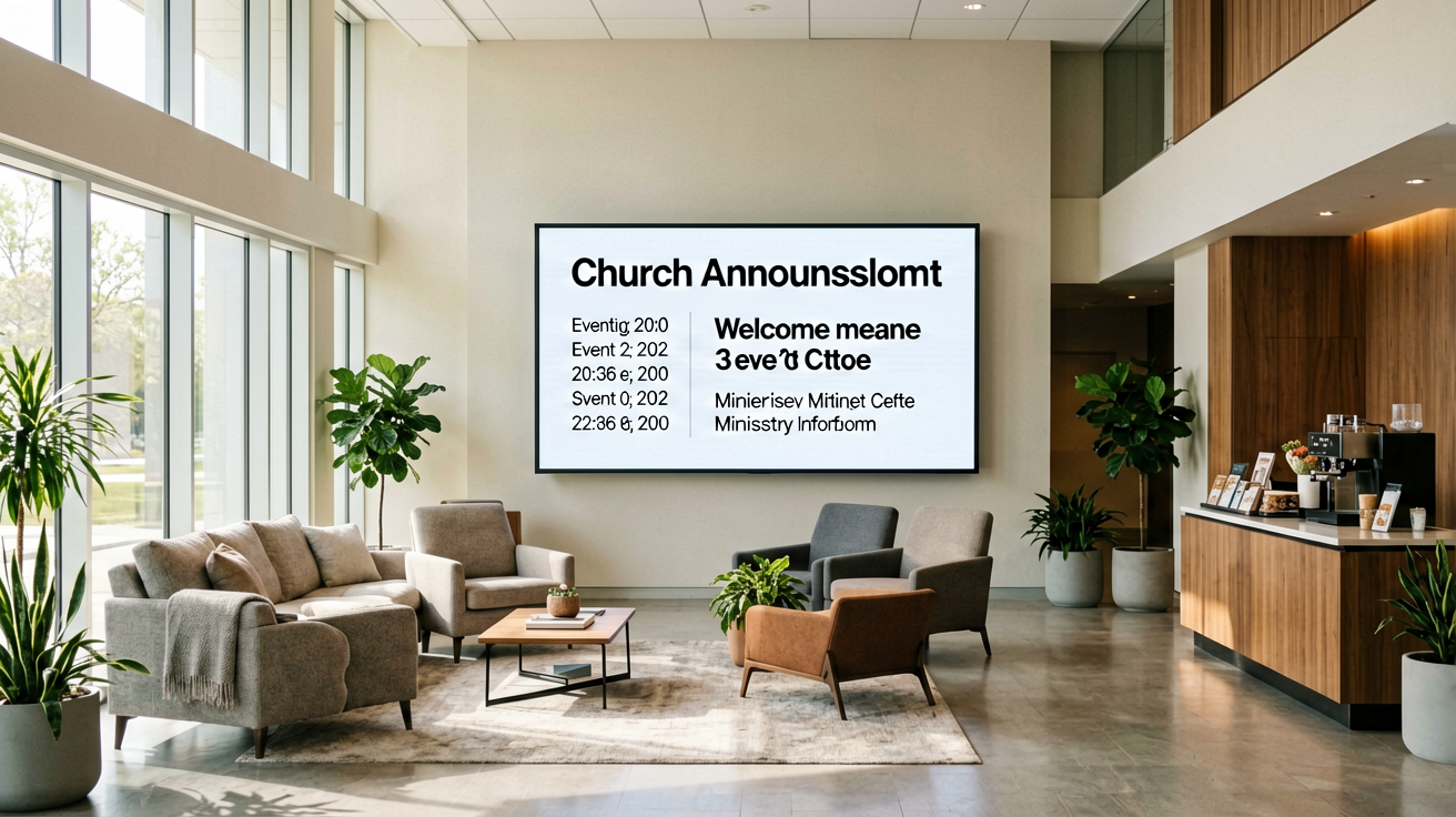 Lobby and fellowship hall LED display for church announcements and live service overflow