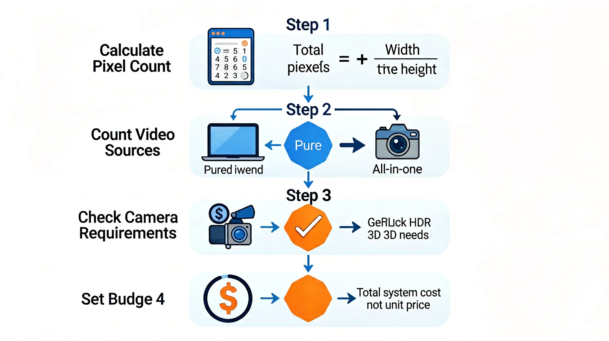 LED controller selection 4-step framework flowchart: Step 1 calculate pixel count, Step 2 count video sources for pure sending vs all-in-one decision, Step 3 check camera requirements for Genlock and HDR needs, Step 4 set budget and compare total system cost