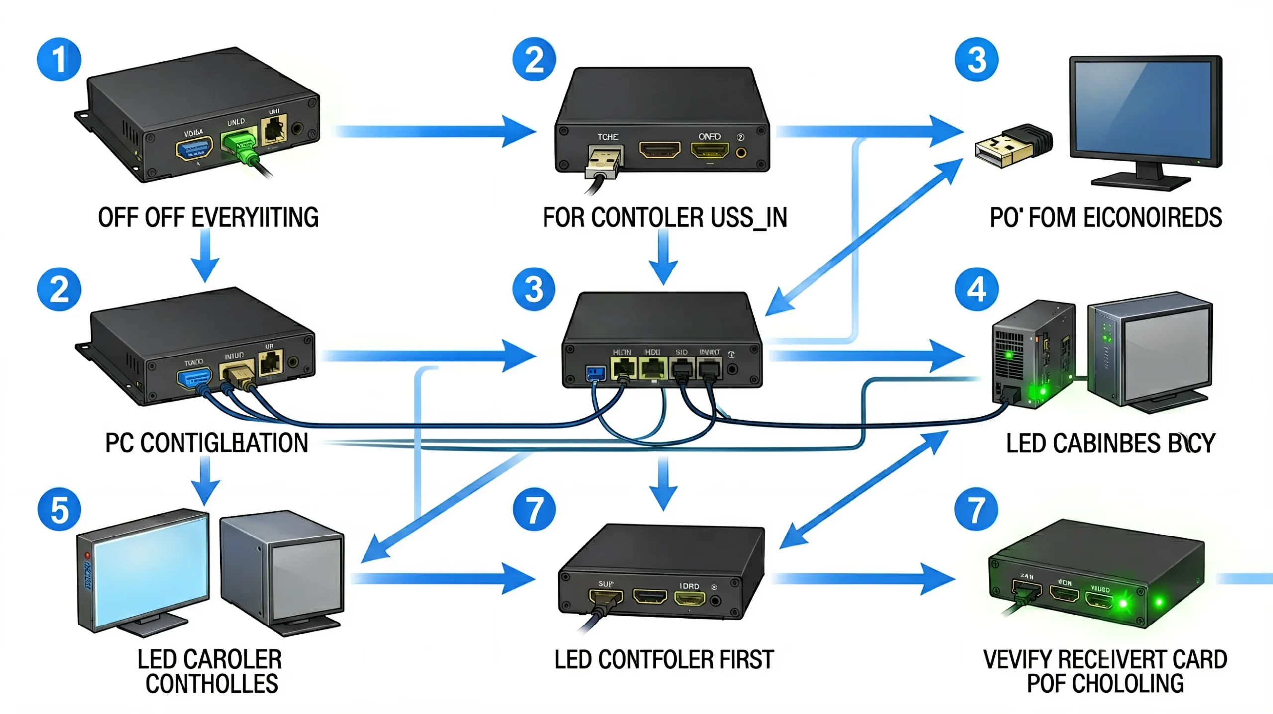 LED display controller hardware connection sequence: 7 steps from power off to verifying receiving card indicator lights, USB cable to PC, HDMI source, Ethernet to cabinets, daisy-chain receiving card wiring