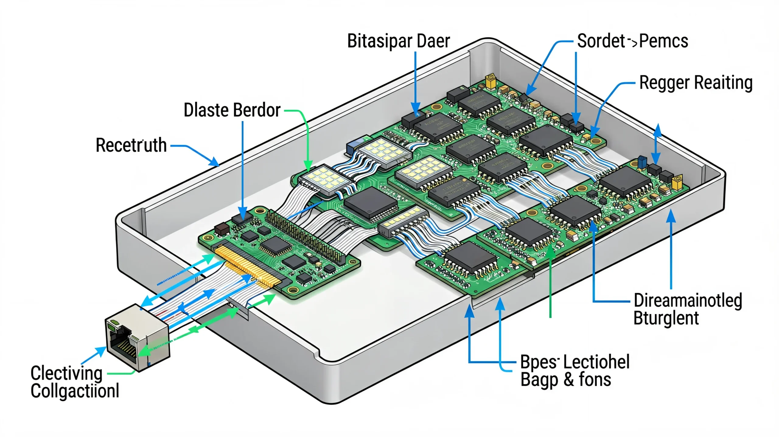 LED receiving card connection inside an LED cabinet showing Ethernet input FPGA data processing and distribution to driver ICs via ribbon cables