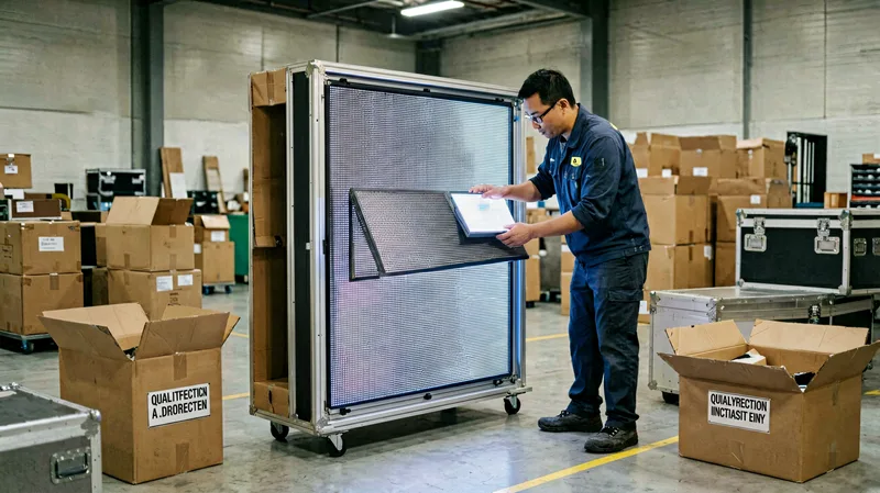 LED screen cabinets being unpacked and inspected upon delivery receiving protocol