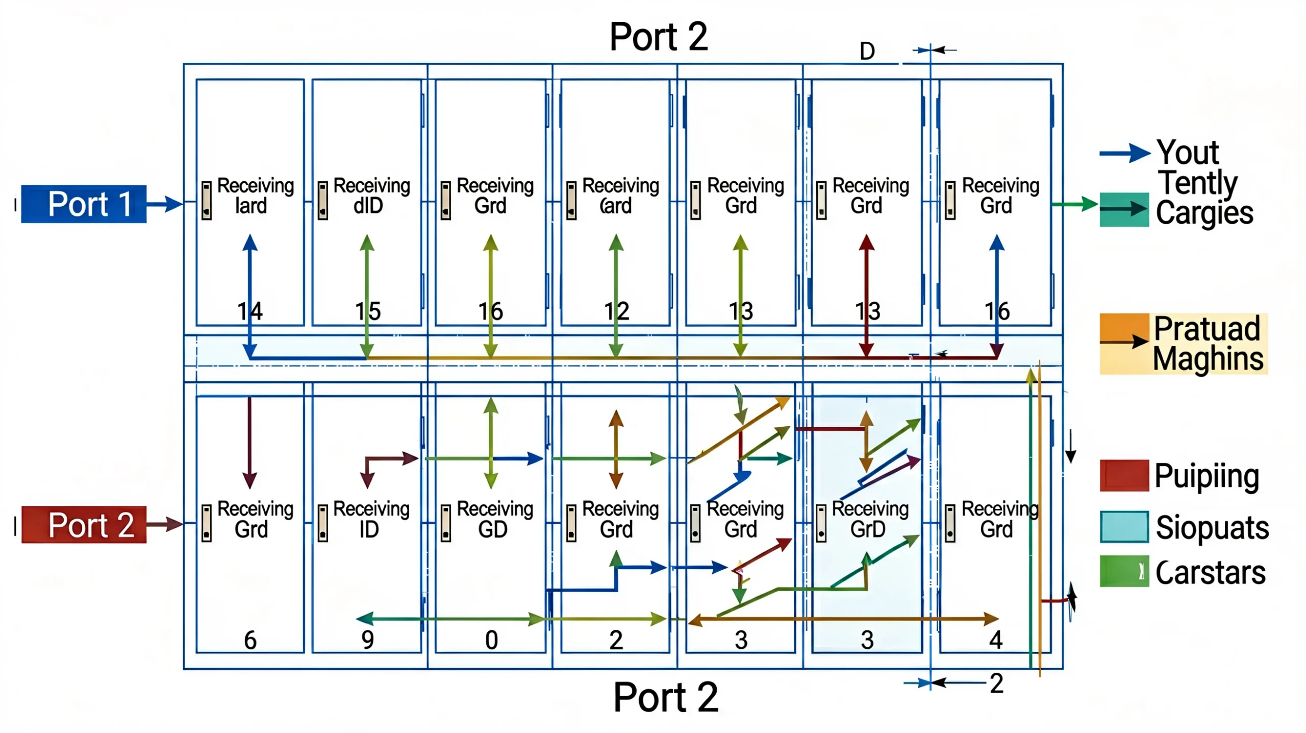 LED display screen mapping and cabinet grid layout: Ethernet ports driving cabinet sections in standard left-to-right topology, zigzag pattern, and custom manual mapping for irregular L-shaped layouts