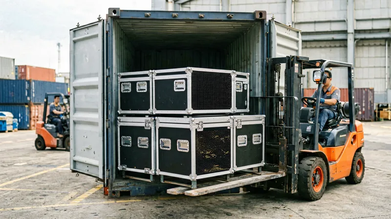 LED screen cabinets in flight cases loaded into shipping container at Shenzhen port