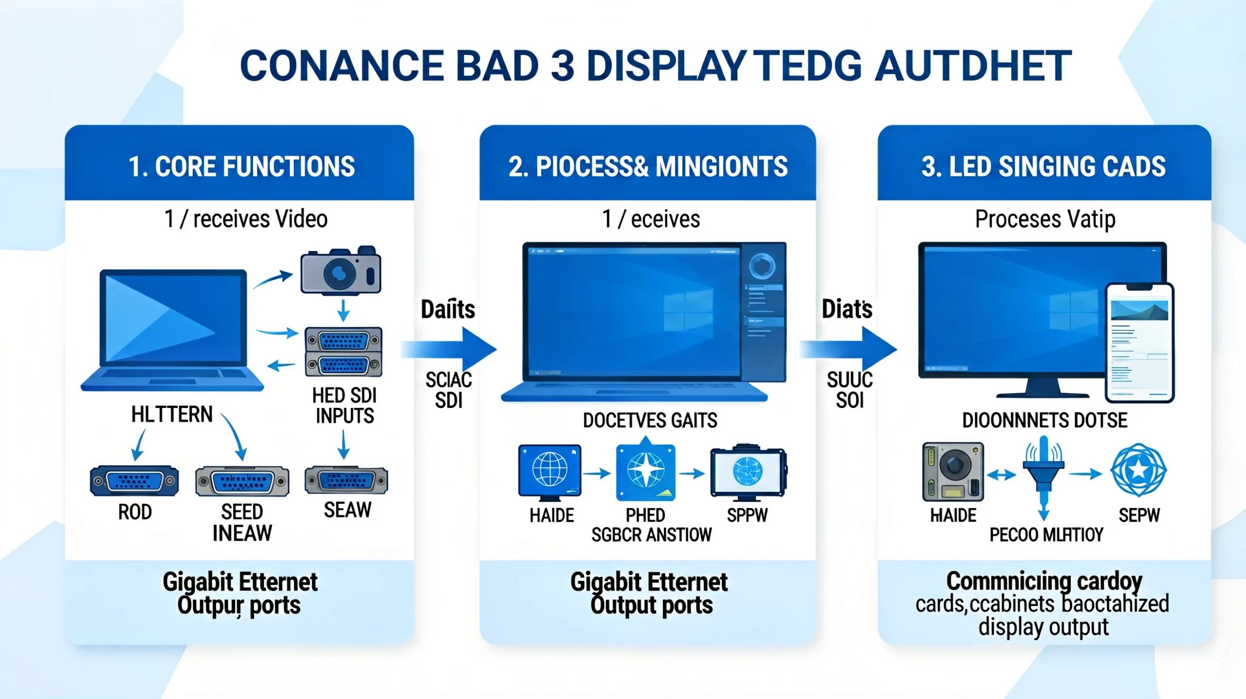 LED sending card functional diagram showing 3 core functions: receives video from laptop and camera via HDMI DVI SDI inputs, processes and splits signal across Gigabit Ethernet ports, communicates with receiving cards inside LED cabinets