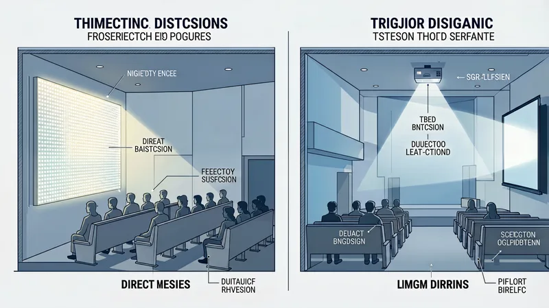 Technical diagram comparing LED wall direct emission vs projector throw distance in church