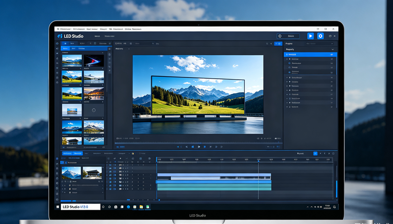 Linsn LED Studio software interface showing media library content scheduling and LED screen preview