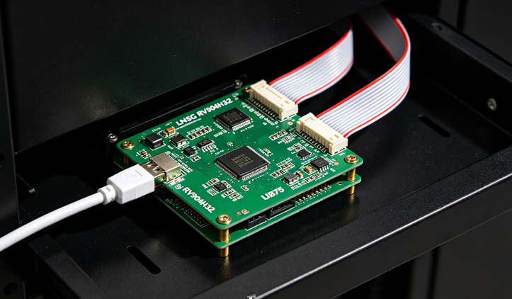Linsn RV908H32 receiving card installed inside LED cabinet with HUB75 ribbon cable connections