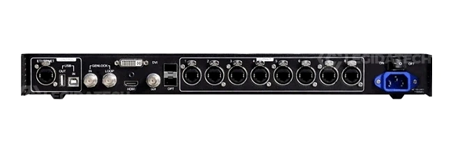 NovaStar MCTRL R5 LED display controller front panel with blue LED indicator OLED status screen and rotary control knob on black 1U rack-mountable chassis