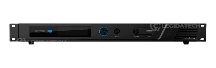 NovaStar MCTRL R5 LED display controller shown from three-quarter angle on white background, displaying the 1U rack-mountable black metal chassis with front OLED panel and side ventilation grilles