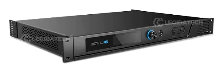 NovaStar MCTRL R5 LED display controller rear panel close-up showing DVI DL-DVI input, HDMI 1.4 input, and 6G-SDI input connectors on a black 1U rack-mountable chassis