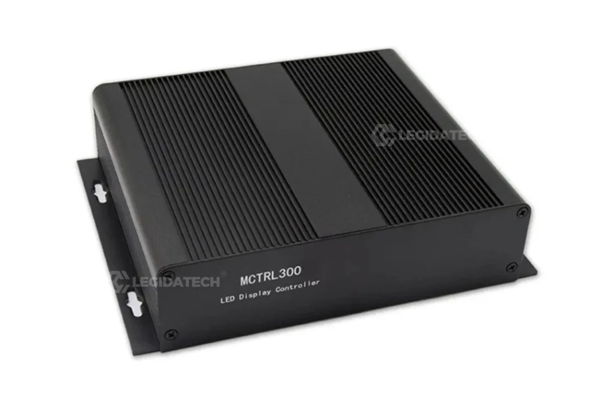 Novastar MCTRL300 rear panel - DVI input, 2x Gigabit Ethernet outputs, USB control, UART cascading, audio and light sensor ports