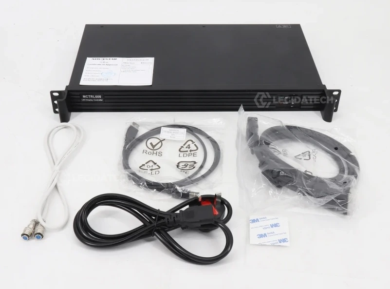NovaStar MCTRL600 LED display controller packaging box with foam insert and accessories
