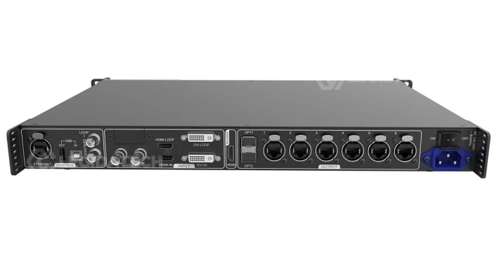 Novastar MCTRL660 PRO front view displaying DVI IN, HDMI IN input ports and 4 Gigabit Ethernet RJ45 network outputs for LED panel connection