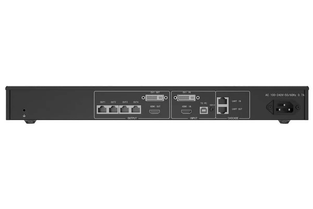 Novastar MCTRL660 rear connection panel - HDMI and DVI inputs, 4x Gigabit Ethernet outputs, USB control, audio and cascading ports
