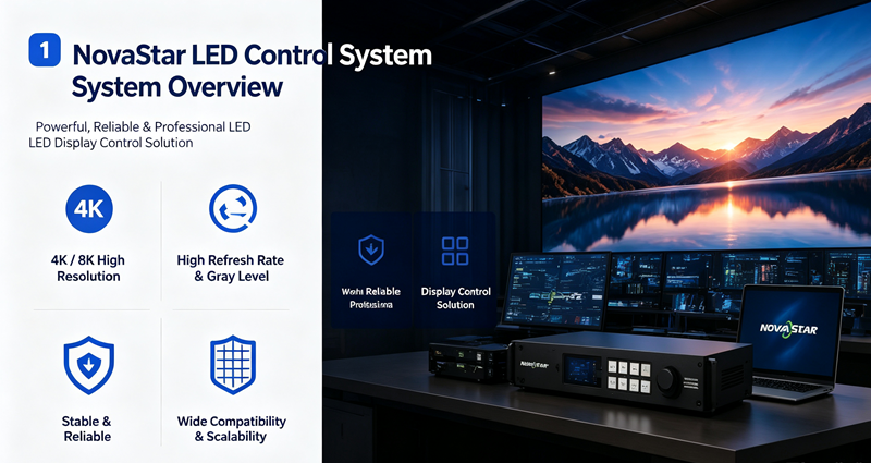 NovaStar LED control system in a modern control room with LED video wall controller and large LED display