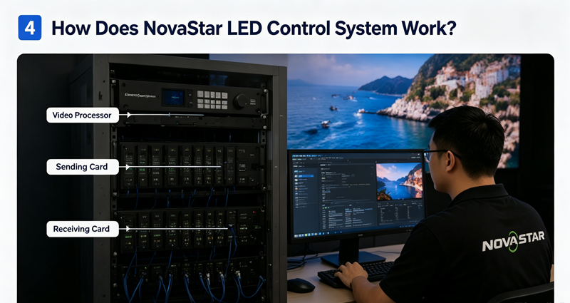 NovaStar LED display control cabinet with sending cards and receiving cards connected by Ethernet cables engineer configuring