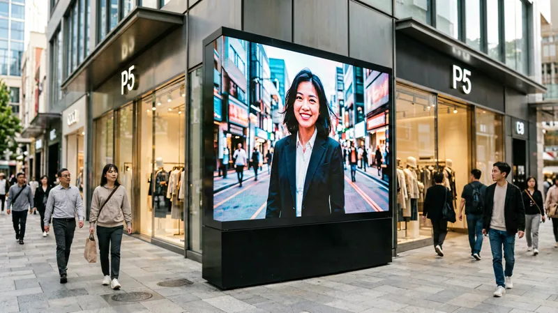 P5 outdoor LED display at premium retail storefront sharp close range viewing quality