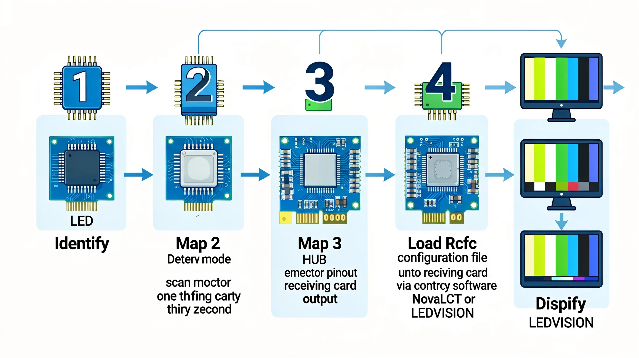 Receiving card configuration .rcfg file loading workflow: 5 steps from identifying driver IC chip to verifying display output with test pattern
