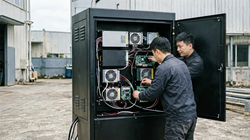 Rear service outdoor LED cabinet with open rear access door for maintenance