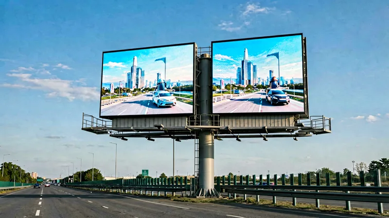 Free-standing double-sided outdoor LED billboard with rear service access highway advertising