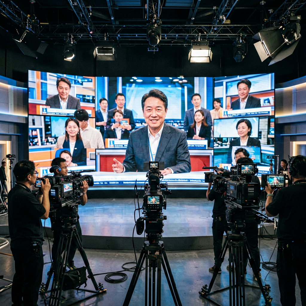 Large LED video wall in professional television broadcast studio with cameras and HDR live news production environment