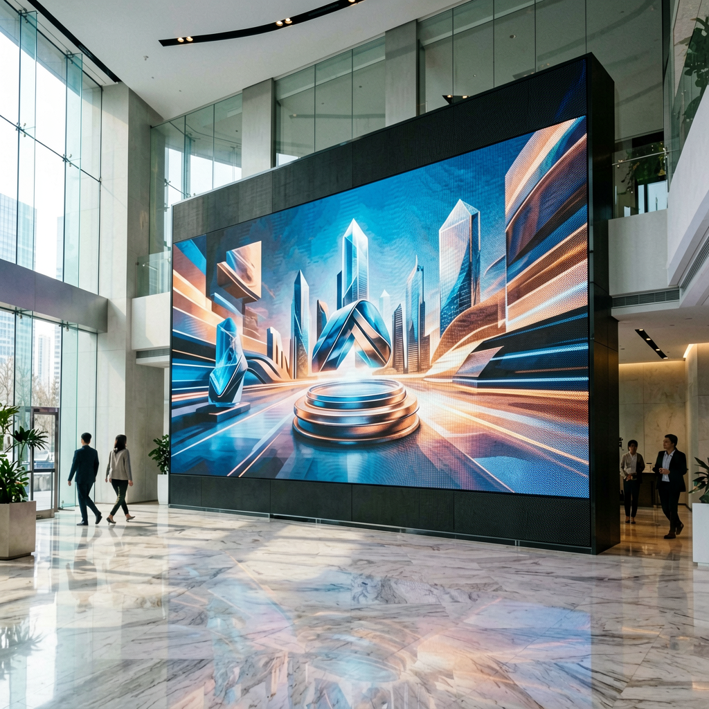 Ultra-fine-pitch LED display wall in modern corporate headquarters lobby with minimalist architecture and natural daylight
