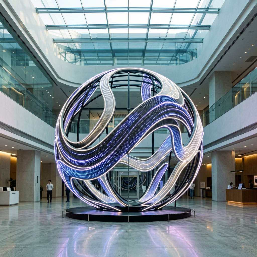 Creative curved spherical LED display forming globe-like structure in modern corporate atrium