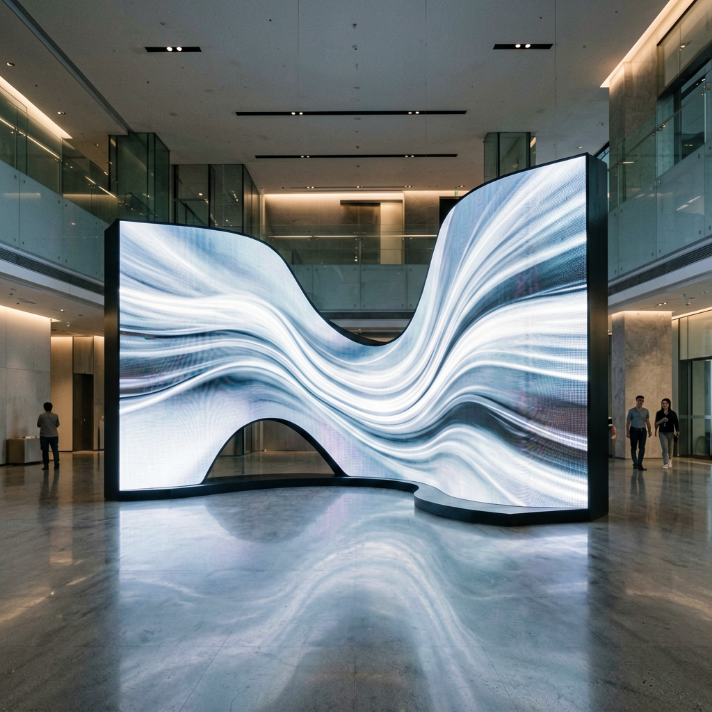 Creative curved organic-shaped LED display installation forming wave pattern in modern corporate lobby architecture