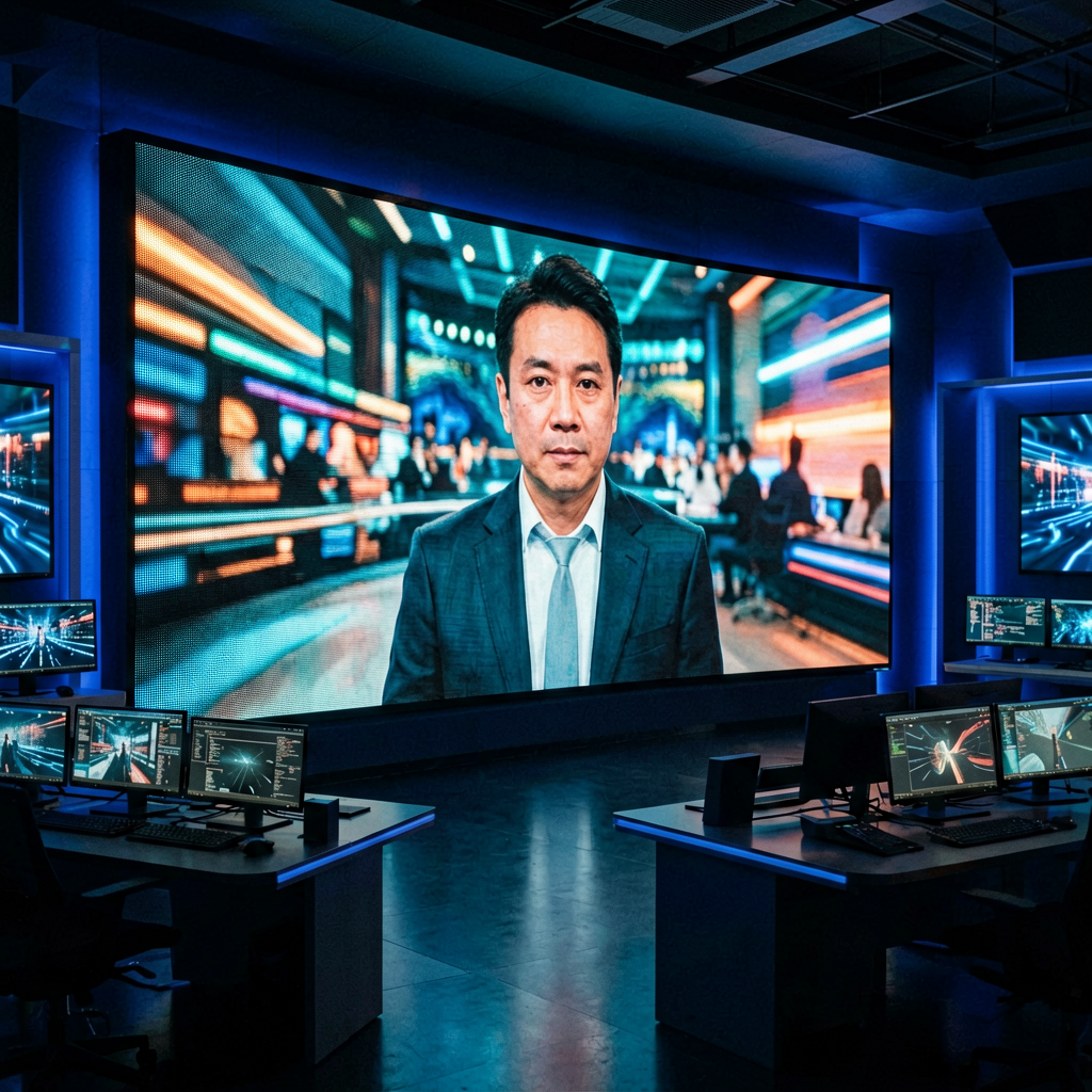 High-end fine-pitch LED display video wall showing HDR content in modern broadcast control room