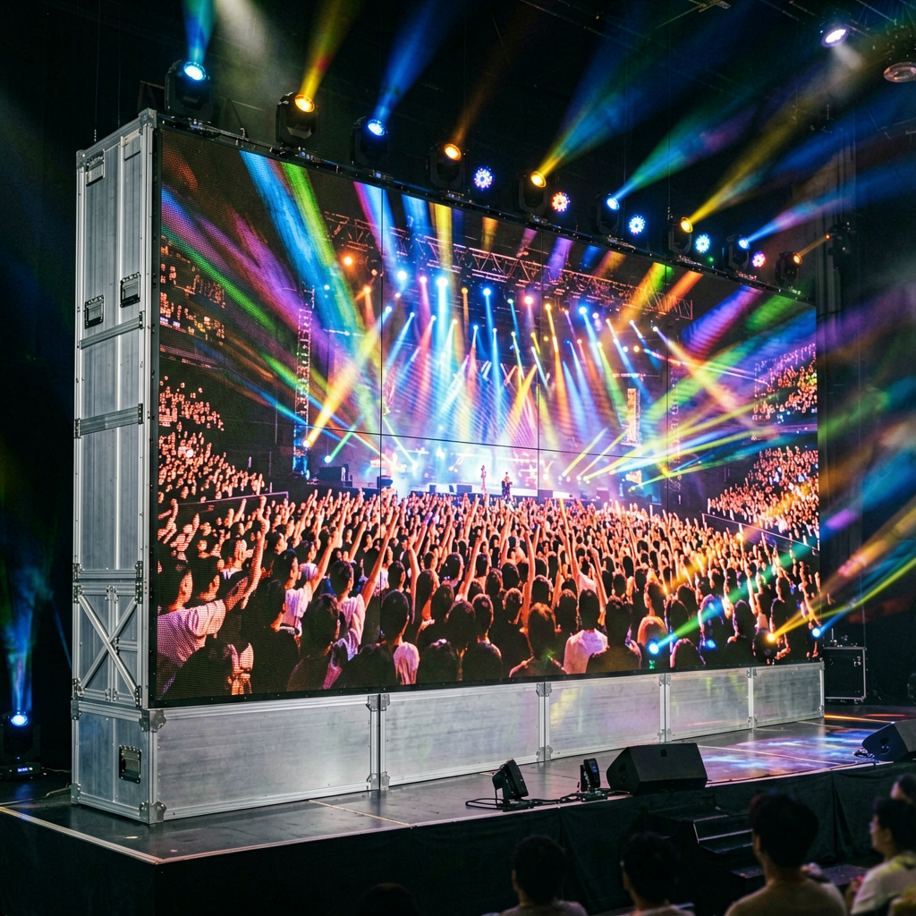 Large rental LED display video wall with modular quick-lock panels at live concert event with professional stage lighting