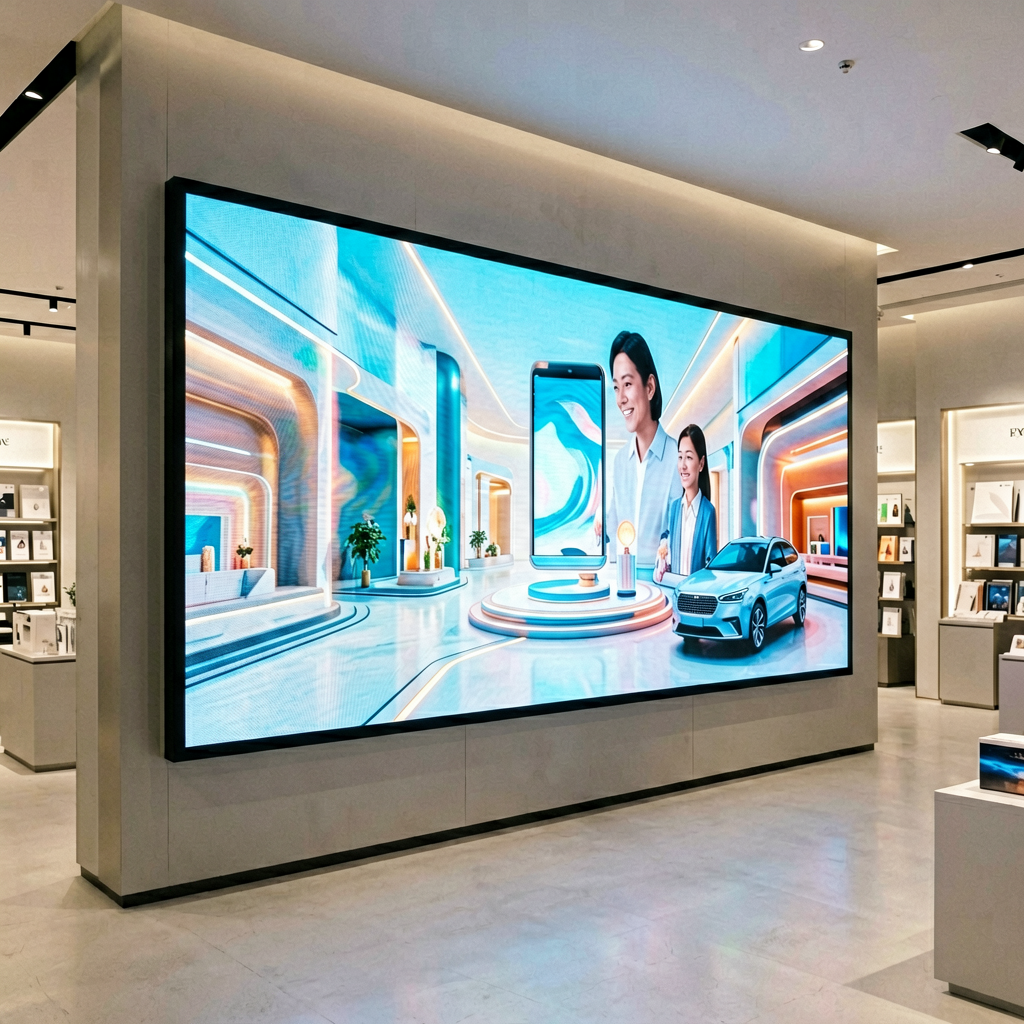 Fixed LED display video wall installation in modern retail store