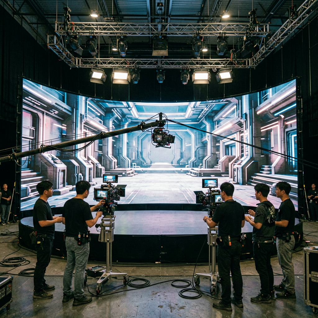 Virtual production XR stage with curved LED volume display wall and camera crane for film production