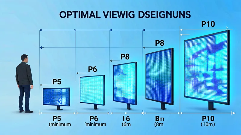 LED display optimal viewing distance chart P5 P6 P8 P10 pixel pitch comparison