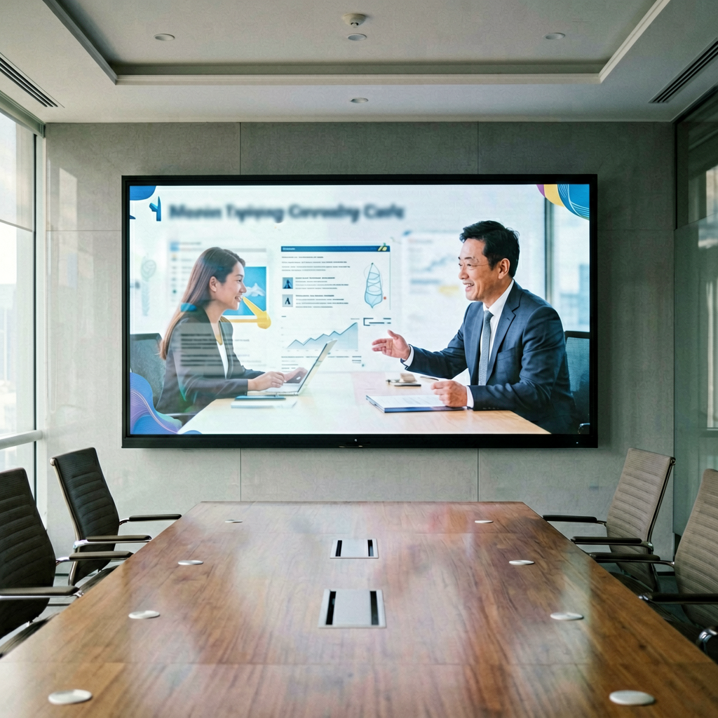Realistic modern corporate conference room with large LED video wall for Huidu HD-VP620 4K video processor